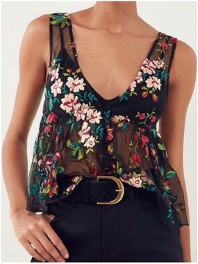 Anthropologie Ecoté Sheer Black Floral Embroidered Peplum Tank